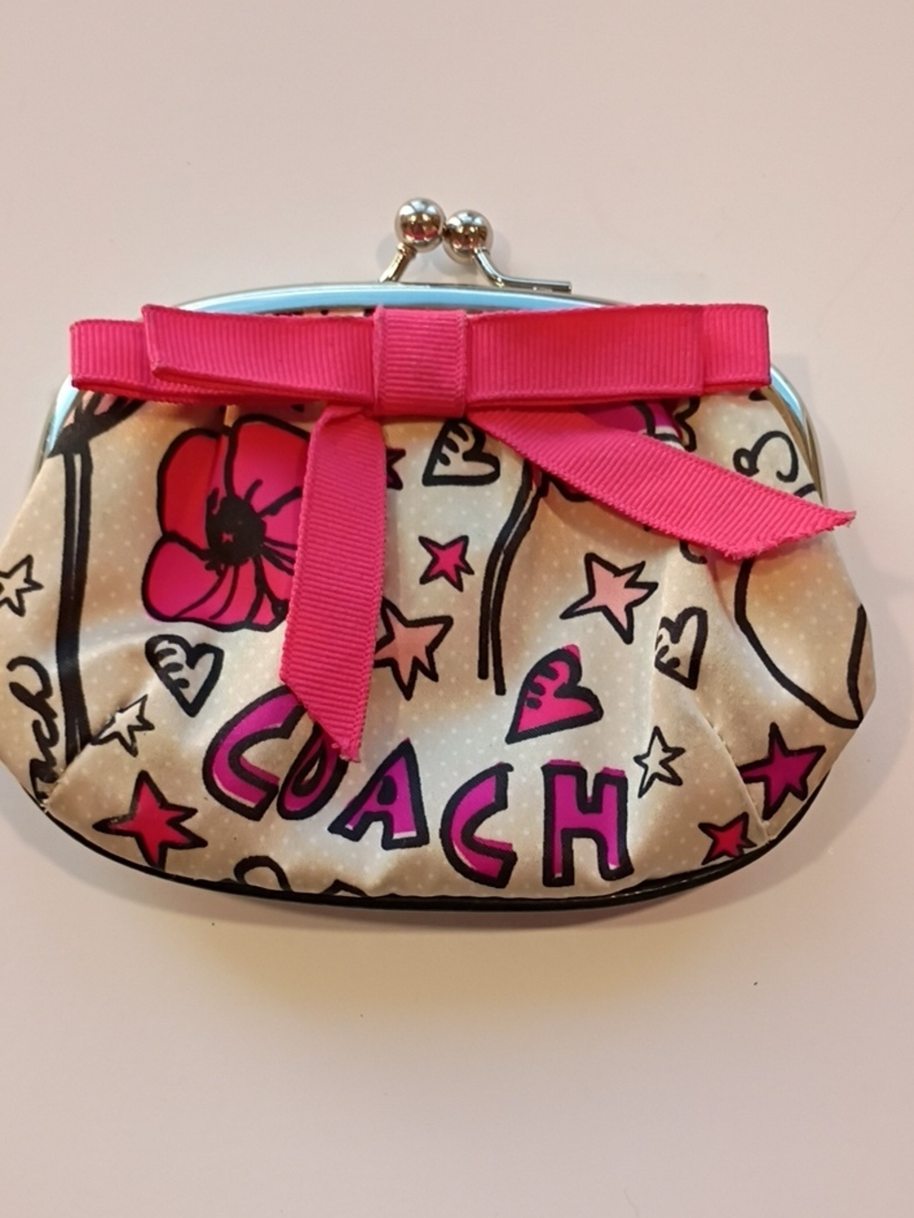 Coach Pink & White Bow Kiss-Lock Cosmetic Bag